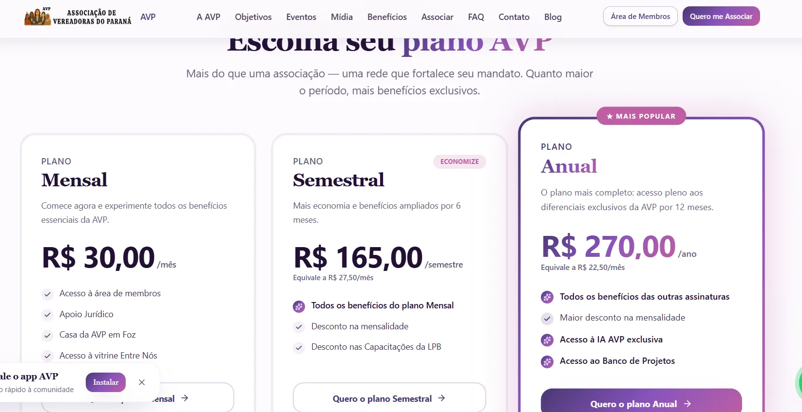 AVP - Associação de Vereadoras do Paraná — tela do projeto 2