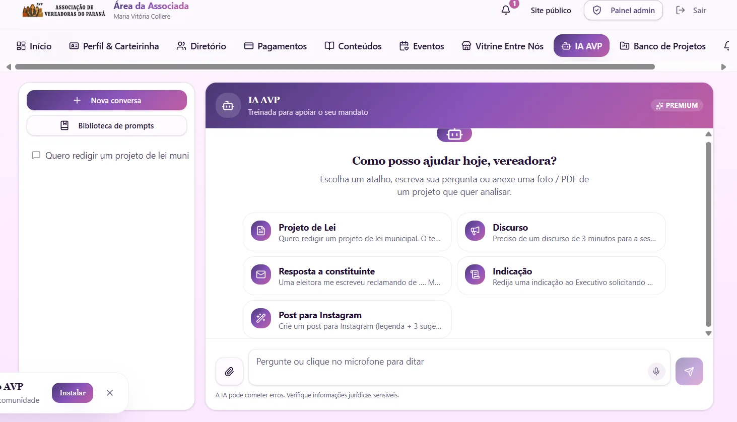 AVP - Associação de Vereadoras do Paraná — tela do projeto 6